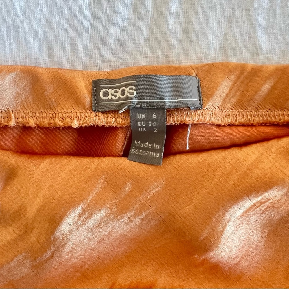 ASOS Orange Satin High Waist Midi Skirt with double side slits - Picture 4 of 7